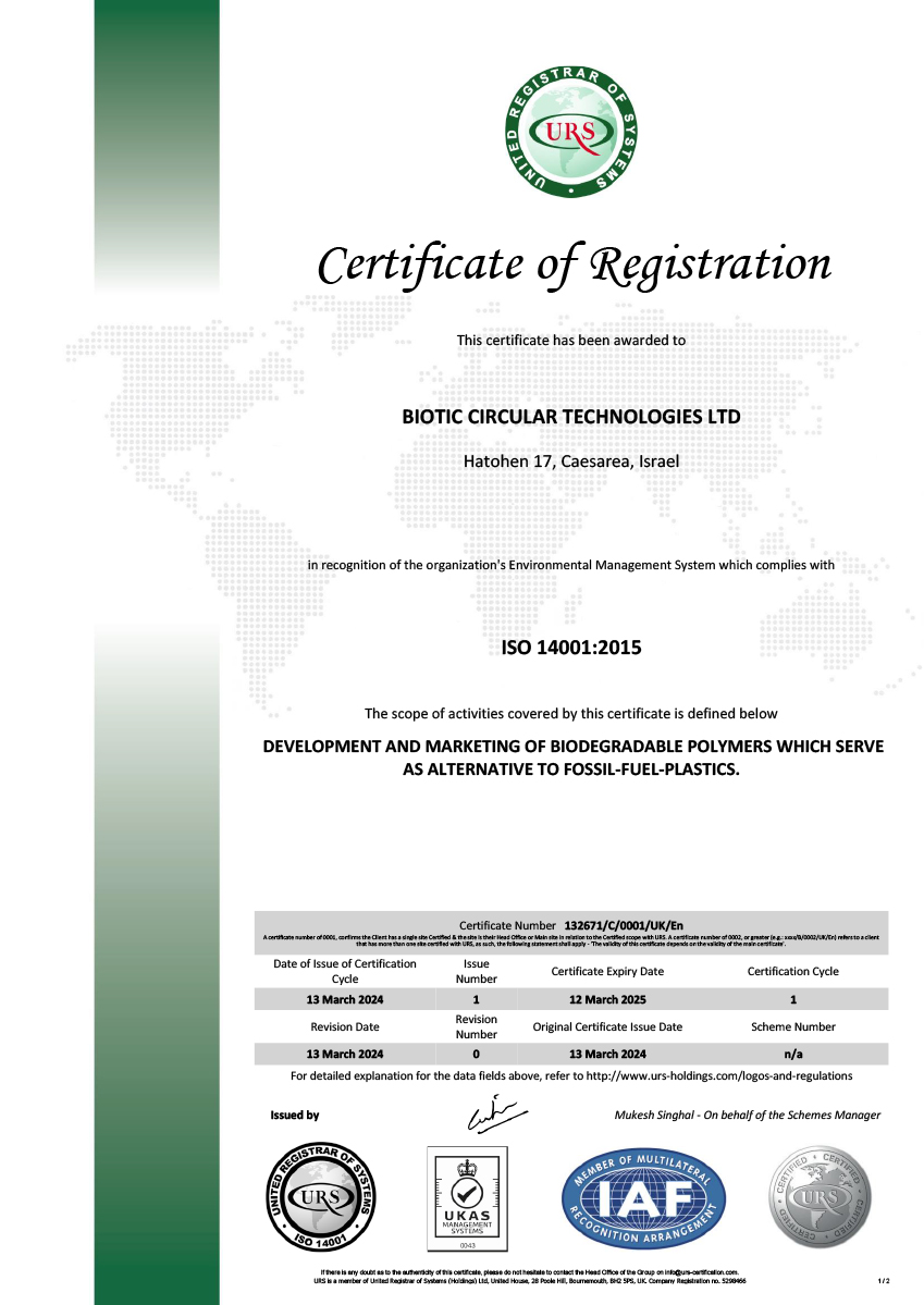 Iso certificate 14001 biotic labs